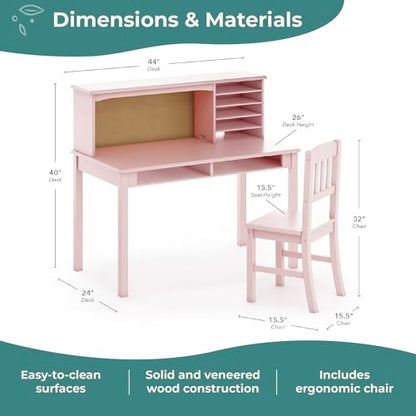 Guidecraft Children’s Media Desk and Chair Set – Pink: Student's Study Computer Workstation with Hutch and Shelves, Wooden Kids Bedroom Furniture