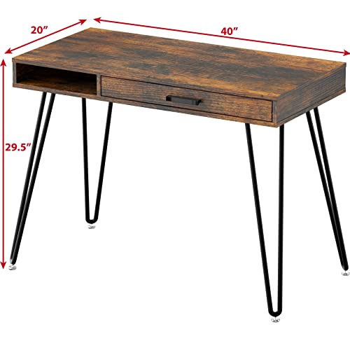 Home Office Computer Hairpin Leg Desk with Drawer, Rustic Brown