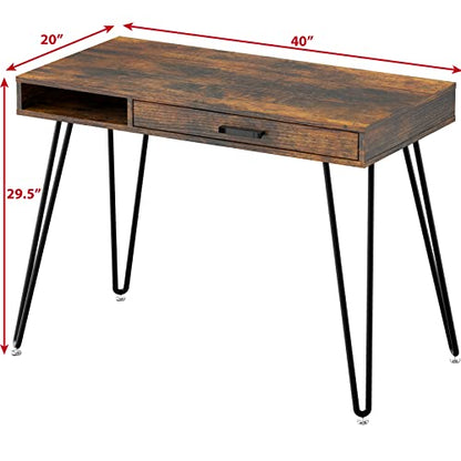 Home Office Computer Hairpin Leg Desk with Drawer, Rustic Brown