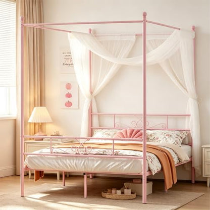 Full Metal Canopy Platform Bed Frame with Headboard, Pink, view 2