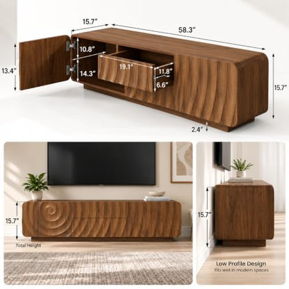 58" TV Console, Spiral Wave Design, 2 Drawers, Media Storage, Walnut, view 3