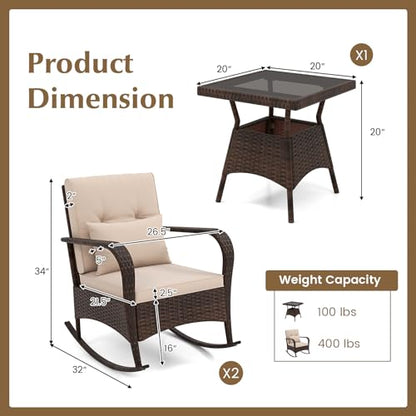 Outdoor Rocking Chairs Set of 2, 3 Piece PE Wicker Patio Bistro Set | Coffee Table & Thick Cushions, Rattan Patio Rocker Furniture for Front Porch Lawn Garden Backyard Deck Poolside (Beige)