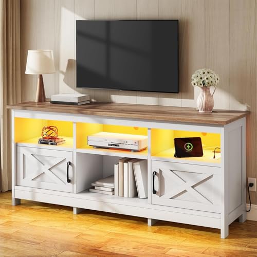 TV Stand with Cabinets, Power Outlet & LED, Living Room, White, view 2