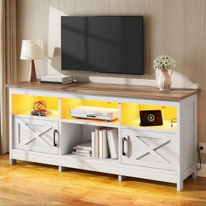 TV Stand with Cabinets, Power Outlet & LED, Living Room, White, view 2