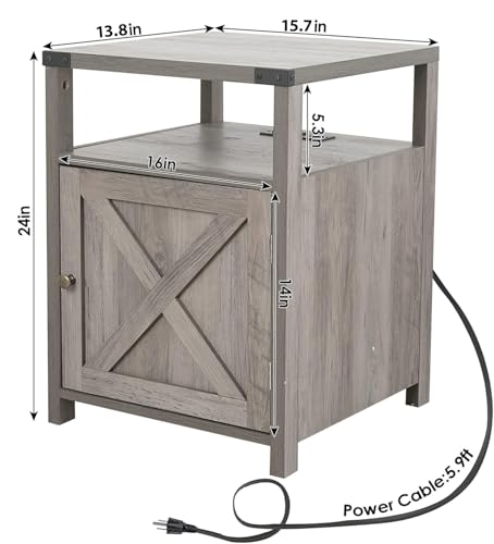 Farmhouse Nightstand Set of 2 with Storage, Rustic End Table, Grey, view 4
