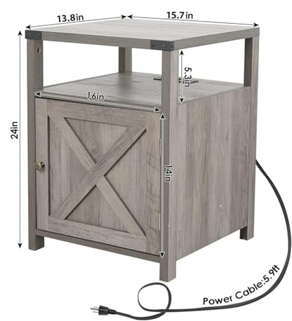 Farmhouse Nightstand Set of 2 with Storage, Rustic End Table, Grey, view 4