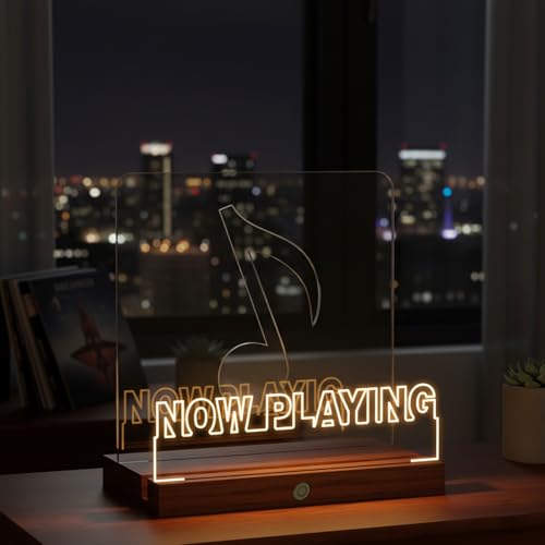 Now Playing Vinyl Record Stand, Wooden LED Vinyl Album Display Storage, Light Up Acrylic Music Collection Holder
