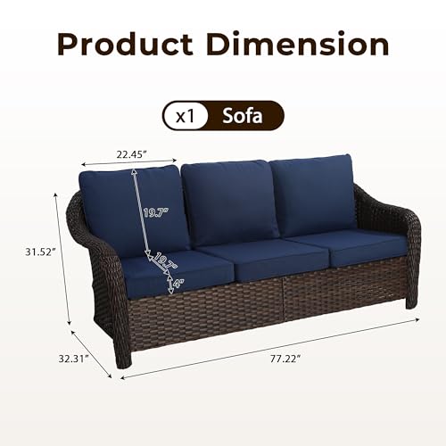 77 inch Outdoor Wicker 3 Seater Sofa, All-Weather Use Patio Rattan Sofa with Seat and Back Cushion, Ideal for Porch, Backyard, Balcony, Poolside, Blue