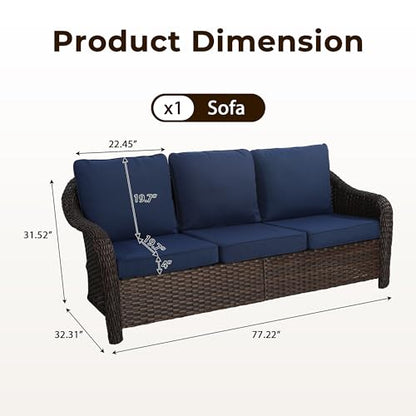 77 inch Outdoor Wicker 3 Seater Sofa, All-Weather Use Patio Rattan Sofa with Seat and Back Cushion, Ideal for Porch, Backyard, Balcony, Poolside, Blue