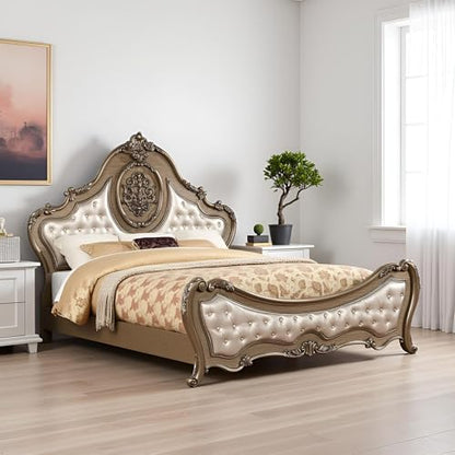 Ragenardus Queen Bed Synthetic Leather Upholstered Headboard Vintage Oak Carved Wood Frame Elegant Bedroom Furniture Luxury Design Sturdy Construction Classic Style Timeless Comfort