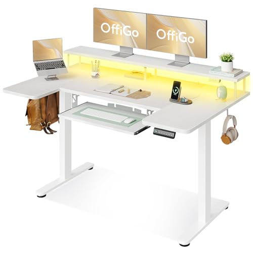 55 Inch U Shaped Electric Standing Desk with Keyboard Tray, White, view 2