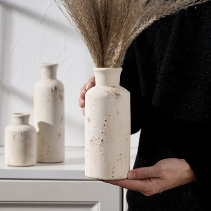Ceramic Rustic Farmhouse Vase Set of 3, Whitewashed Terracotta Vase, Clay Decorative Vases for Home Decor, Living Room, Shelf, Mantel Decoration(Rustic White)