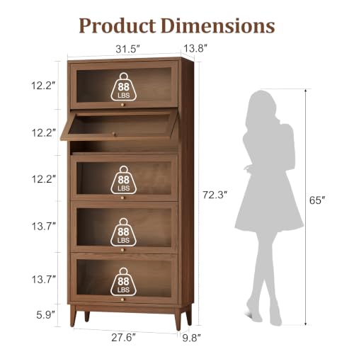 5-Tier Solid Wood Bookcase with Glass Doors, mid-Century Tall Bookshelf, view 3