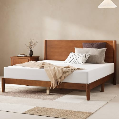 Solid Wood Queen Bed Frame, Mid Century Bed with Headboard, Brown, view 4