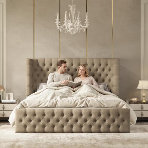 Queen Bed Frame Upholstered Wingback Headboard & Footboard,Khaki, view 4