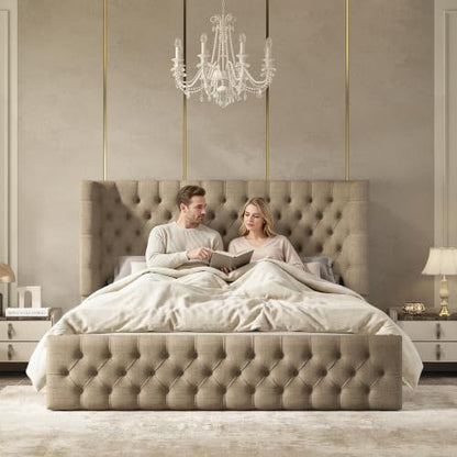 Queen Bed Frame Upholstered Wingback Headboard & Footboard,Khaki, view 4