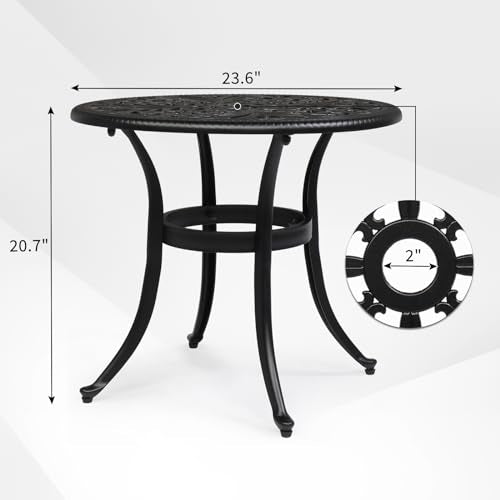 23.6" Cast Aluminum Round Patio Table with Umbrella Hole - All Weather Outdoor Bistro & End Table (Black)