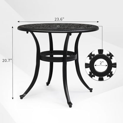 23.6" Cast Aluminum Round Patio Table with Umbrella Hole - All Weather Outdoor Bistro & End Table (Black)