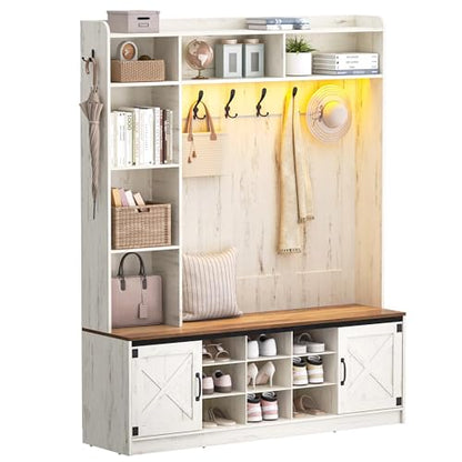 59.8" Hall Tree, LED Farmhouse Entryway Storage and Coat Rack Wood, view 2