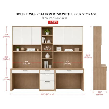 Large Two Person Desk with Bookshelf, Double Desk, Hutch and 5 Drawers, view 3