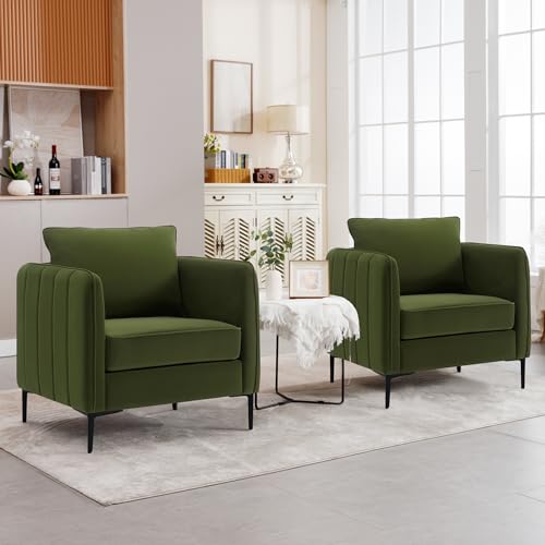 Olive Green Velvet Accent Chairs Set of 2, Modern Upholstered Accent Chair Comfy Velvet Armchair with Thick Cushion and Wood Frame, Single Sofa/Side Chair for Living Room Bedroom Office
