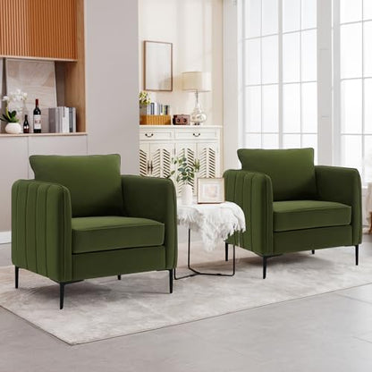 Olive Green Velvet Accent Chairs Set of 2, Modern Upholstered Accent Chair Comfy Velvet Armchair with Thick Cushion and Wood Frame, Single Sofa/Side Chair for Living Room Bedroom Office