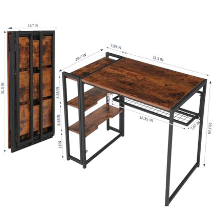 38.6 inch Folding Desk Writing Computer Desk with Storage Shelf,Spaces Saving Writing Sturdy Table No Assembly,for for Bedroom, Home Office, Dorm, Apartment, Brown