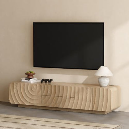 71" TV Console, Spiral Wave Design, 2 Drawers, Media Storage, Natural, view 7