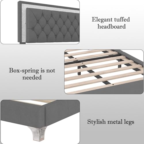 3 Pieces Bedroom Sets, Mid Century Modern Queen Size Upholstered Platform Bed Frame with Headboard, 2 Nightstands and LED Lights, Bedroom Furniture Sets (Gray)