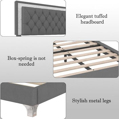 Bedroom Sets, 3-Pieces Bedroom Sets, Queen Size Upholstered Platform Bed with LED Lights and 2 Nightstands, Gray