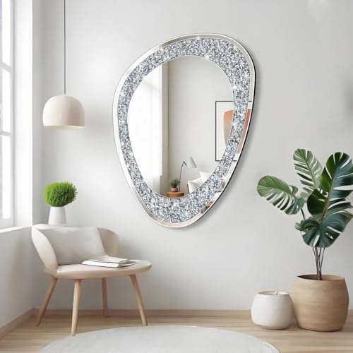 Modern Irregular Shaped Wall Mirror – 32x23.5 Inch Decorative Oval Diamond Decor Mirror for Living Room, Bedroom, Bathroom, Entryway
