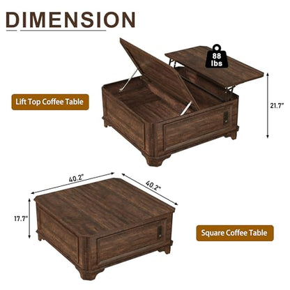 40 Inch Coffee Tables for Living Room Farmhouse Lift Top with Charging Station and Hidden Storage - Square Center Table with Adjustable Lifting Top and Large Storage for Bedroom, Home Office, Brown