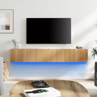 LED Fluted Floating TV Stand for 80 inch TV, Natural Oak, view 2
