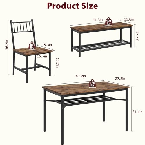 Dining Table Set for 4, Kitchen Table and Chairs for 4 with Wine Rack, Rectangular Dining Room Table Set with Bench, 4 Piece Dining Table Set for Small Space, Apartment, Retro Brown