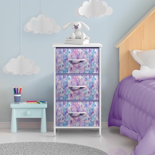 Nightstand Storage Organizer Chest with 3 Drawers - Kids Girls, Boys Bedroom Furniture Chest for Clothes, Closet Organization - Steel Frame, Wood Top, Fabric Bin (3-Drawer, Blue/Pink/Purple)