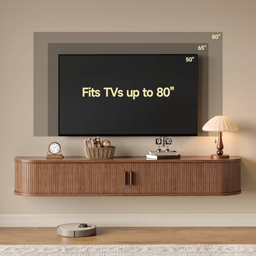 71" Floating TV Stand with Power Outlet for TVs up to 80", Walnut, view 4