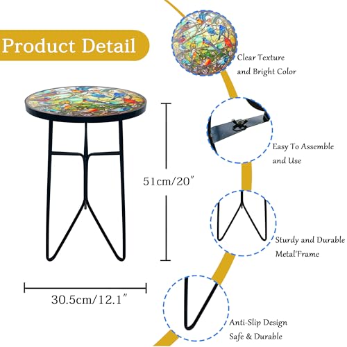 Mosaic Birds Outdoor Side Tea Table, Glass Plant Tables Indoor Decorative Metal Patio Table, Outdoor Tables Unique Furniture - Weather-Resistant Patio Valentine's Day Decor