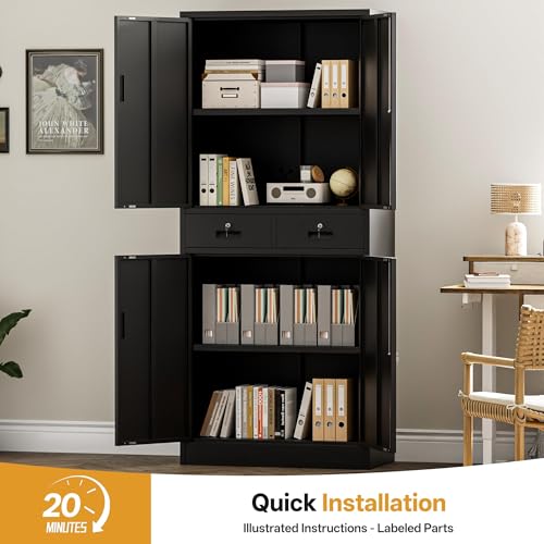 Metal Storage Cabinet, 71" Garage Storage Cabinet with 2 Locking Drawers and 2 Adjustable Shelves, Black Tool Cabinet, Lockable File Steel Cabinet for Home, Office, Gym, School