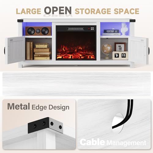 LED Entertainment Center with Fireplace, Fireplace TV Stand with Storage Cabinets and 2 Open Shelves, Modern Media TV Console for Living Room (White)
