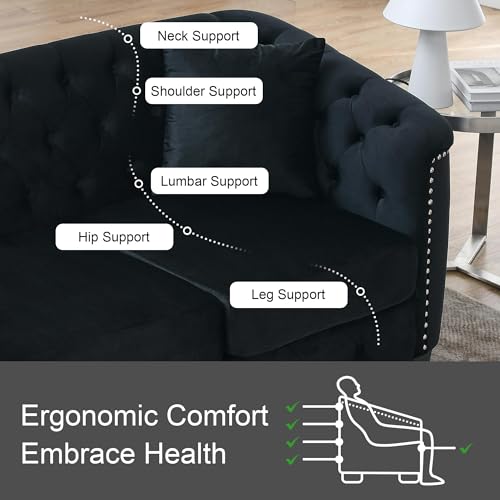 77" Modern Chesterfield Sofa Couch for Living Room, 2 Piece 3-Seater Velvet Couch with Upholstered Tufted Backrests, Nailhead Arms & 4 Cushions for Bedroom, Coffee Bar & Office, Black