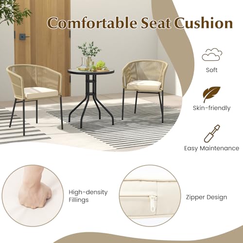 Patio Chairs Set of 4, Outdoor Accent Chairs with Woven Rope Curved Backrest & Armrests, Seat Cushion, Adjustable Foot Pads, Modern Dining Chair for Dining Room, Patio, Backyard, Beige
