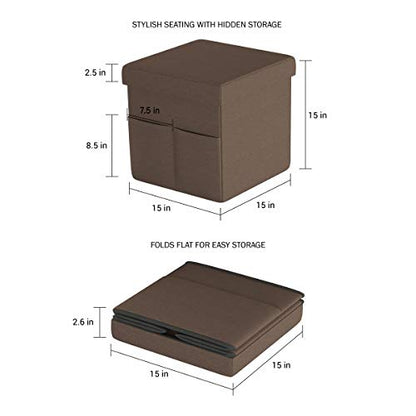 Set of 2 Ottomans with Storage Pockets - 15-Inch Folding Foot Rests or Storage Organizers for Bedroom, Living Room, or Dorm by (Brown)