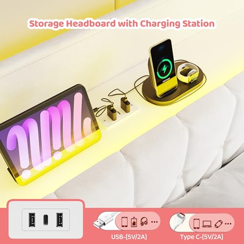 Twin Canopy Bed Frame with Drawers, LED and Charging Station,White, view 5