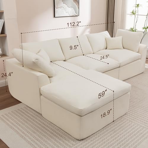 112" Cloud Sectional Couches for Living Room, Modern Modular Sectional Sofa with Ottoman, Boneless Cloud Couch with Comfy Deep Seats, Fluffy Chenille L-Shape Sofa Couch for Living Room, Beige