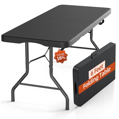 6FT Folding Table with Carrying Handle: Upgrade Thickened Heavy Duty Portable Foldable Table | Plastic Folding Tables for Party, Dining, Wedding, Events, Picnic Indoor, Outdoor, Camping, Utility Black