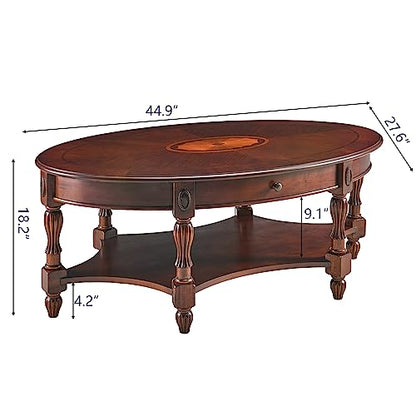 Solid Wood Coffee Table with Drawer and Storage Shelf, Traditional Living Room Cocktail Tea, Oval Center Carvings Side Vintage 46''Lx 29''Wx18.2''H Cherry Walnut KFZ1533WD-DR