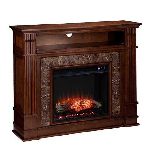 Highgate Media Touch Screen Electric Fireplace - Transitional Design, Brown Glass and Wood - Ideal for Living Room, Bedroom (FR9321)