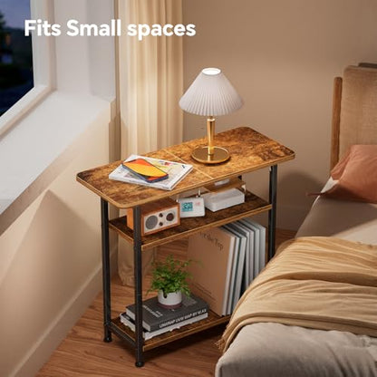 Narrow Side Table, 3-Tier End Table with Wide Storage Tabletop, Nightstand for Bedroom Living Room, Rustic Brown