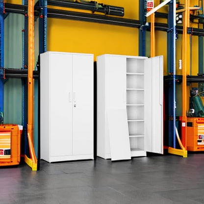 Metal Garage Storage Cabinet with 2 Doors and 5 Adjustable Shelves - 71" Steel Lockable File Cabinet,Locking Tool Cabinets for Office,Home,Garage,Gym,School (White)