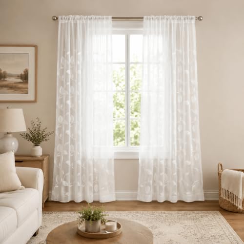 White leaf embroidered sheer voile curtain panels, view 2